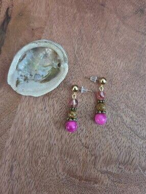 Elegant Pink and Brown Beaded Drop Earrings - Gold Accent Boho Fairy Whimsical